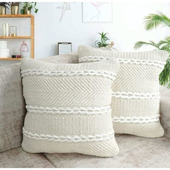 Boho Throw Pillow Covers Tufted Set of 2 Cushion Cases 18X18" Ivory Handmade New - Picture 2 of 6